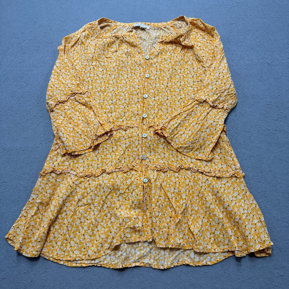 Beach Lunch Lounge Blouse Women's XS Yellow Floral Ruffle Tiered Boho Button Top
